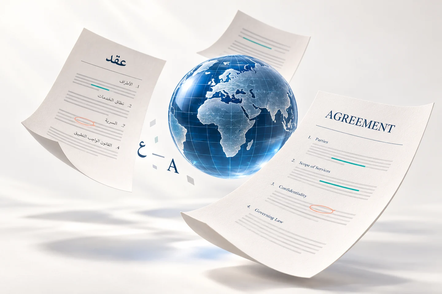 Arabic and English documents surrounding a sapphire glass globe